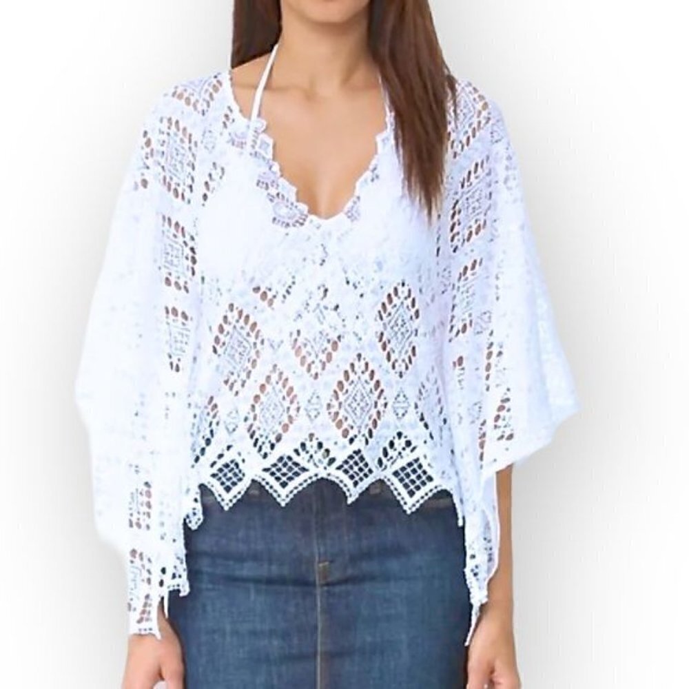 Temptation Positano White Crochet Corona Kaftan Top, New Without Tag, Size Xs